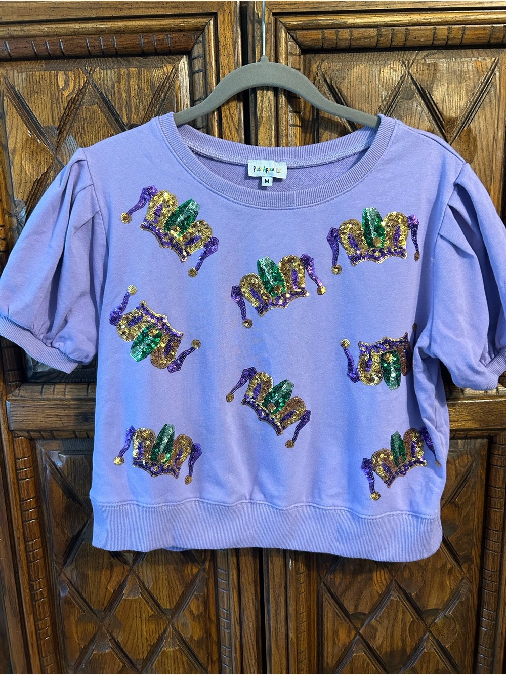 Mardi Gras Purple Sequin Jester Short-Sleeve Sweatshirt